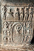 The great Chola temples of Tamil Nadu - The Airavatesvara temple of Darasuram. Pilasters inside the interior of the mandapa are decorated with small panels illustrating mythological stories in bas-reliefs. 